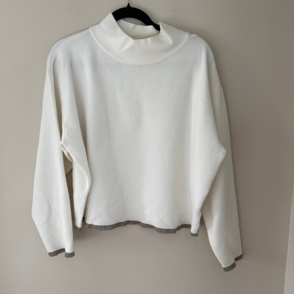 Maeve Anthropologie Cream Mock Neck Metallic Trim Boxy Knit Sweater Medium